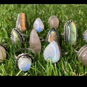 3 Crystal Rings / Labradorite Ring / Agate Ring / Rainbow Moonstone Ring